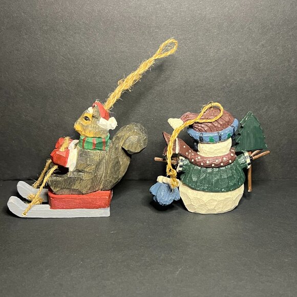 Lot of 2 Crate & Barrel Wooden Squirrel & Kirkland Snowman Christmas Ornaments - Picture 5 of 7